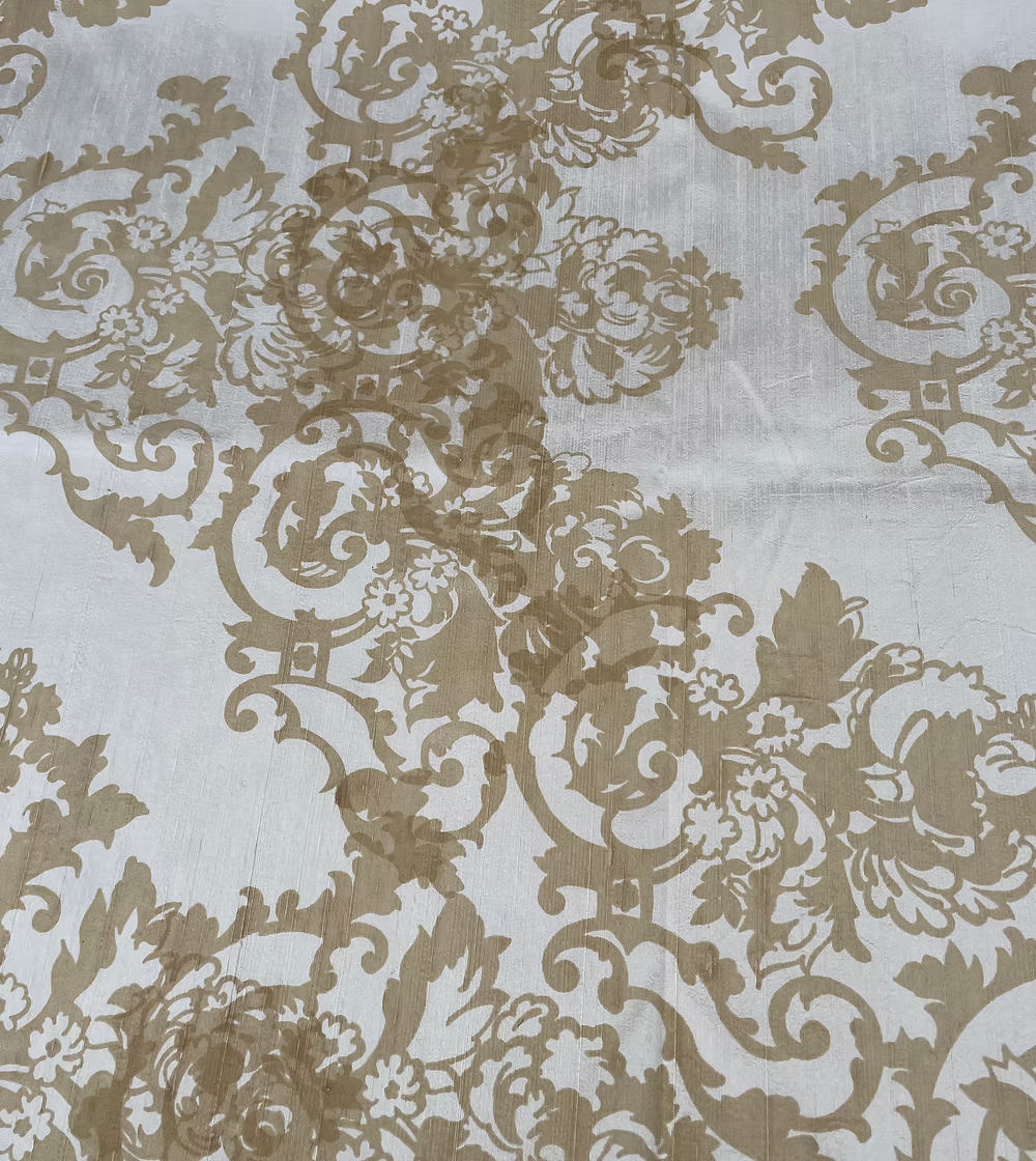Taupe Baroque Floral on Cream Silk Dupioni