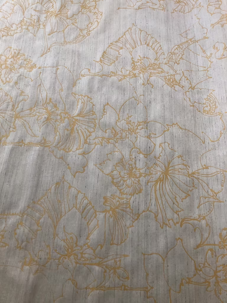 Gold Lotus Pods on backed peppered Cream Tussah Silk