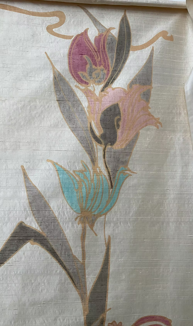 Hand-Painted Floral Tapestry on Silk Dupioni