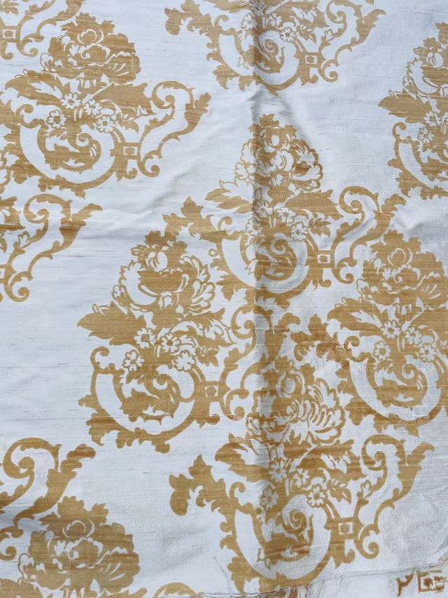 Camel Baroque Floral on Cream Silk Dupioni