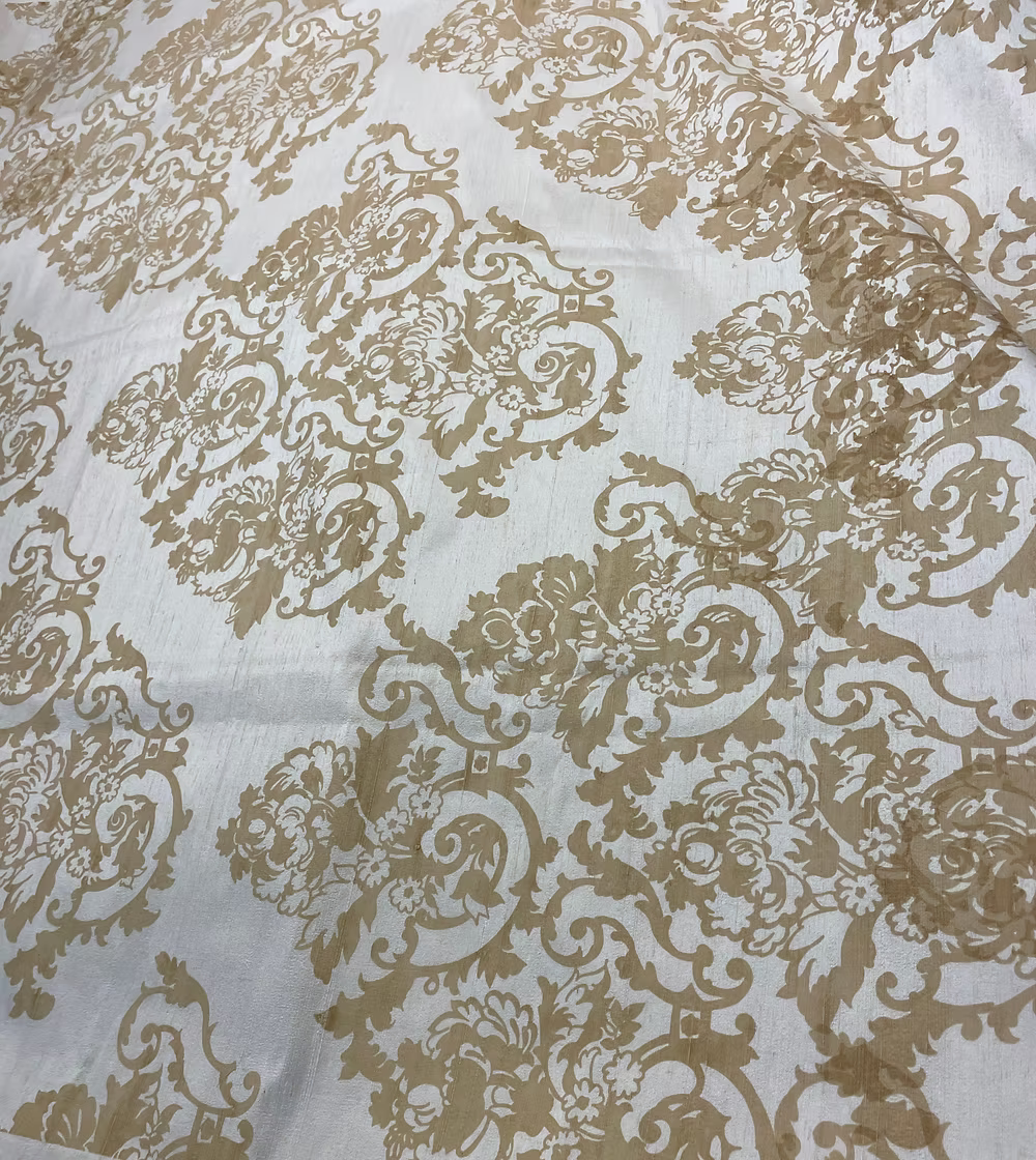 Taupe Baroque Floral on Cream Silk Dupioni