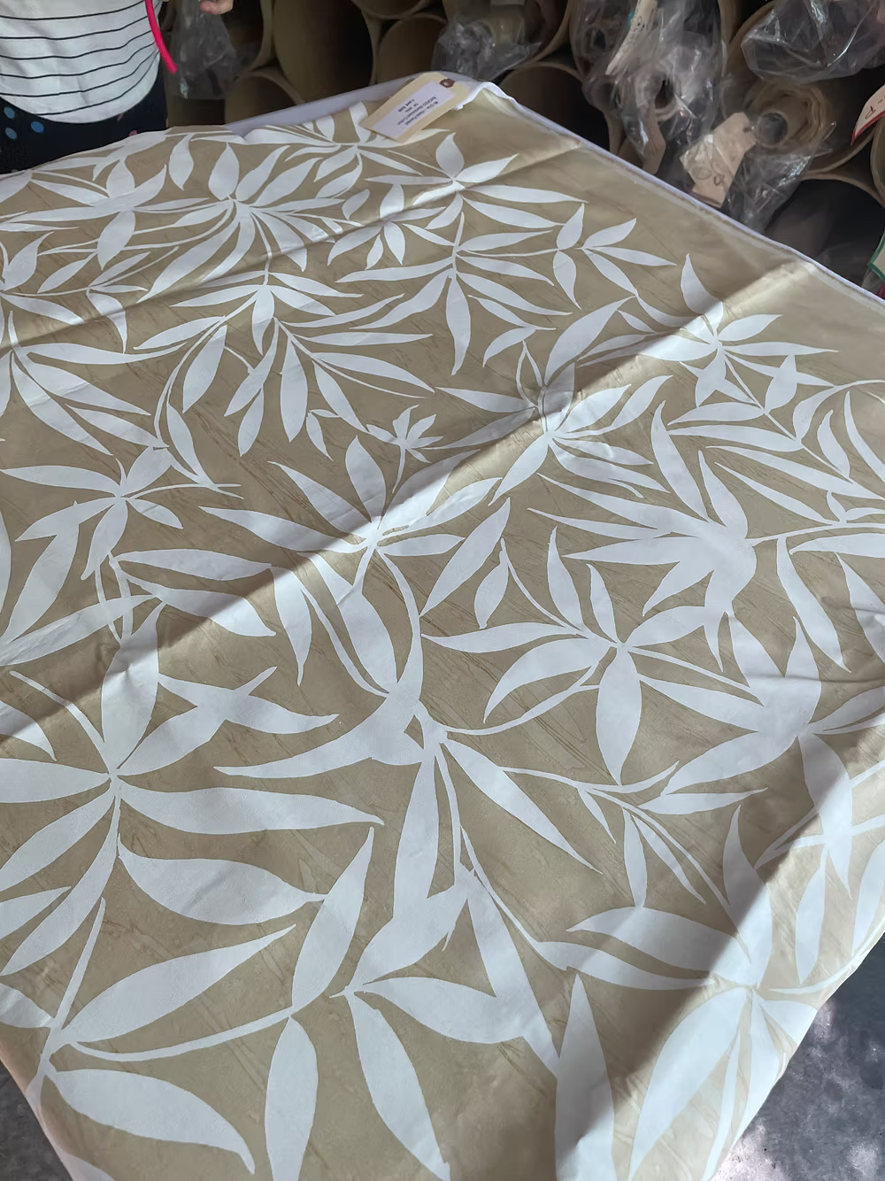 White Chia design on Sand Hand-Marbleized Cotton Sateen