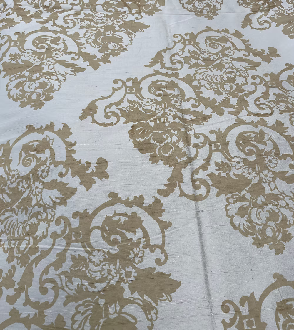 Taupe Baroque Floral on Cream Silk Dupioni