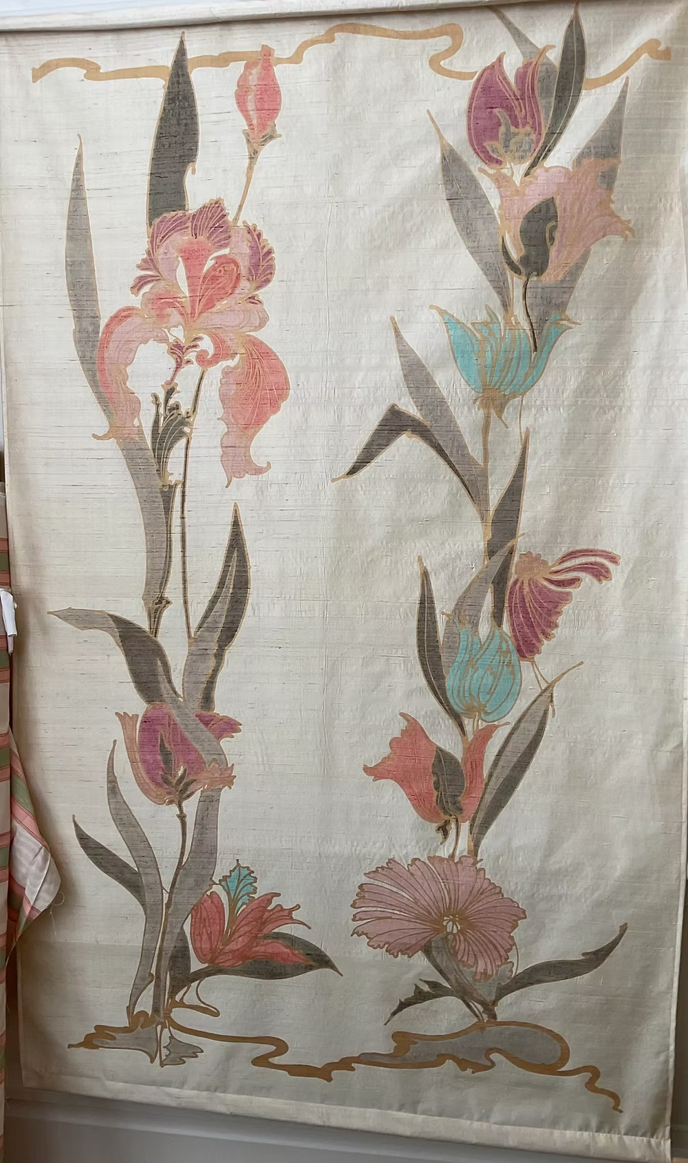 Hand-Painted Floral Tapestry on Silk Dupioni