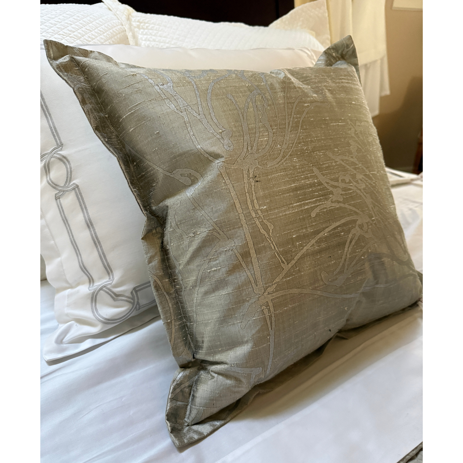 Barbara Beckmann Designs Silver Tulips Batik Silk Dupioni Throw Pillow