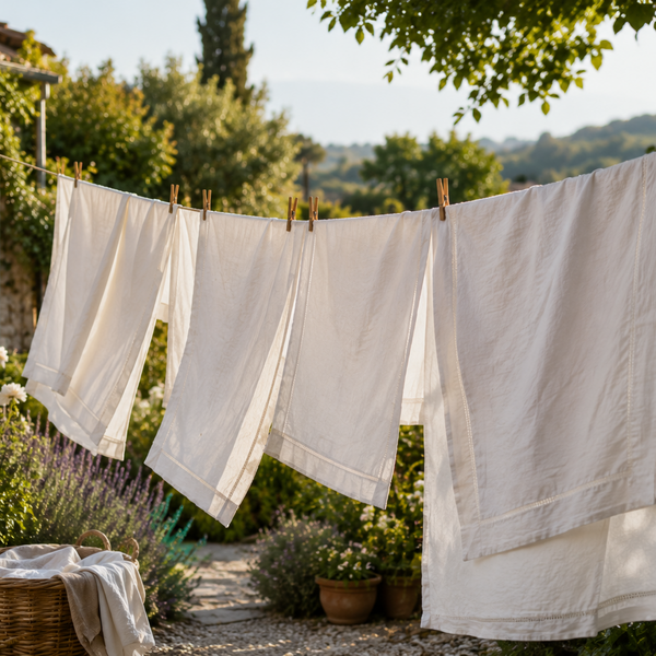 Caring for your linens image is white hemstitched heavy Belgian linens on a clothes line in Provence