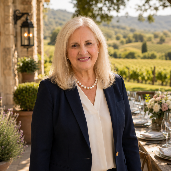 Holly Erotas in a blue blaze on a napa valley terrace after prepping for a dinner party.