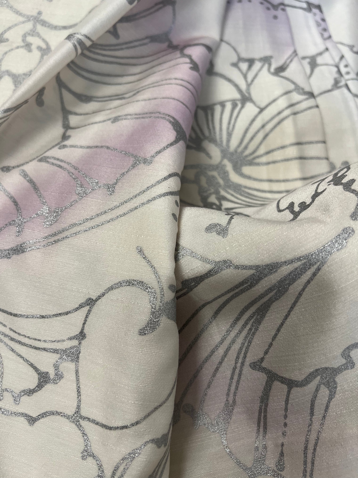 Barbara Beckmann Designs Silver Lotus Pods with Lavender on Ivory Synthetic