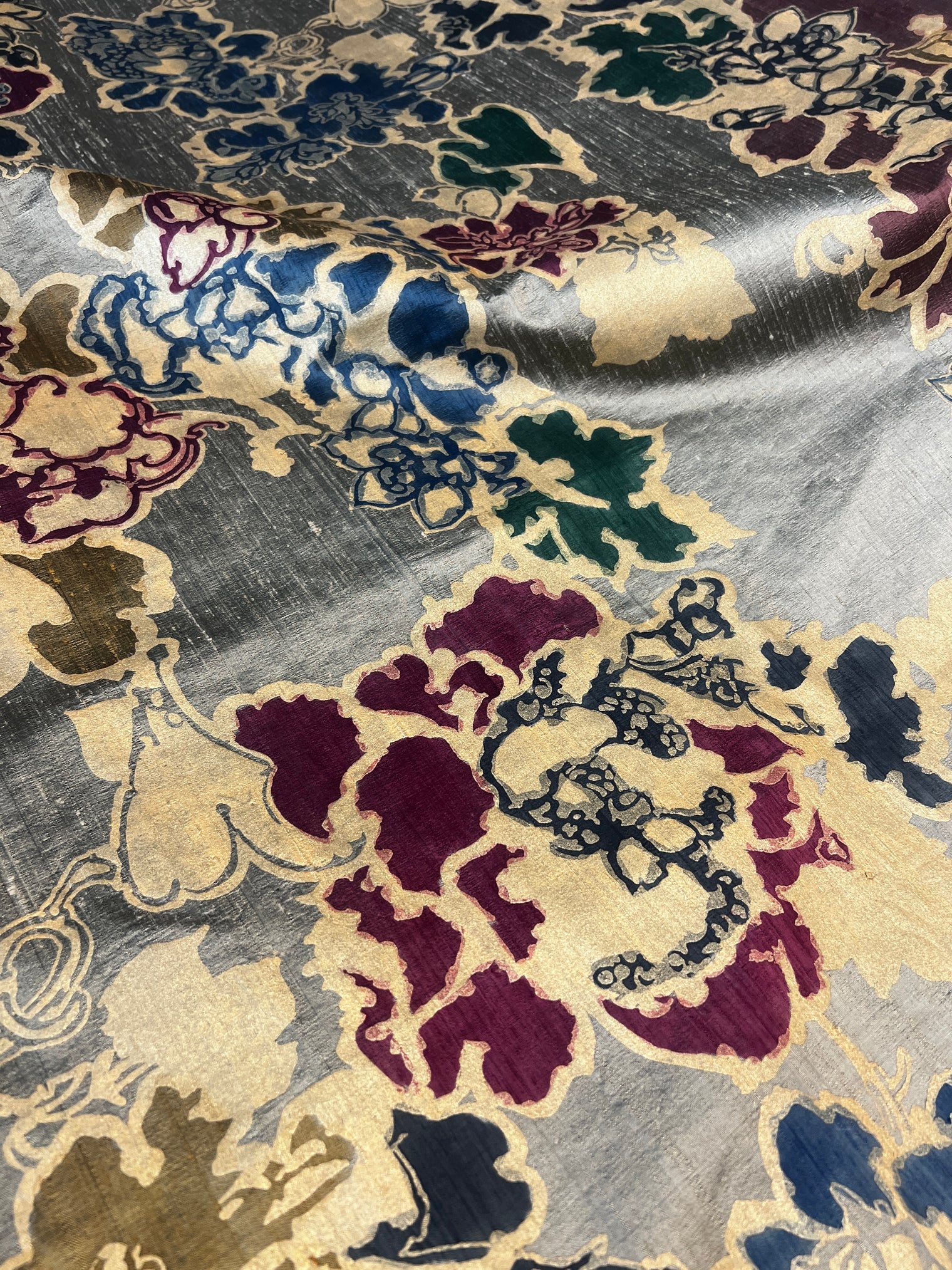 Barbara Beckmann Designs Baroque Floral Hand-painted on Olive Gold Silk Dupioni