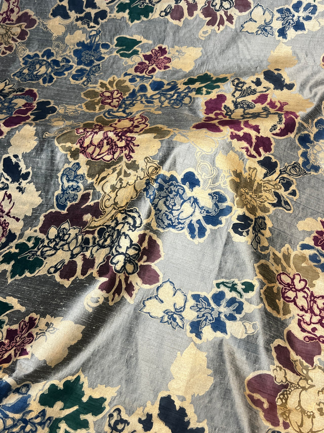 Barbara Beckmann Designs Baroque Floral Hand-painted on Olive Gold Silk Dupioni