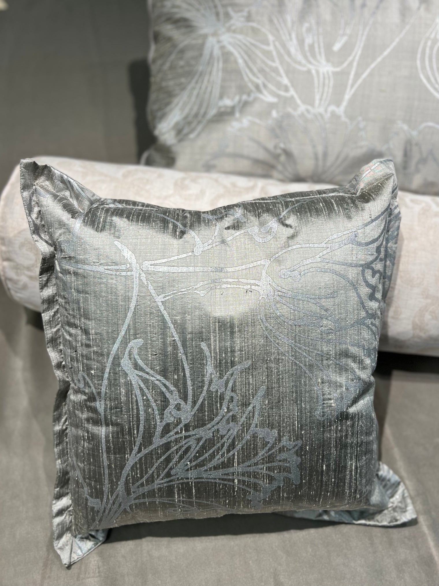 Barbara Beckmann Designs Silver Tulips Batik Silk Dupioni Throw Pillow