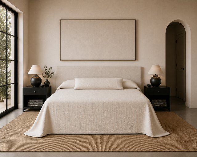 Kearsley Heavy Belgian linen bedspread in Ivory in a modern setting with a matching retangular bolster