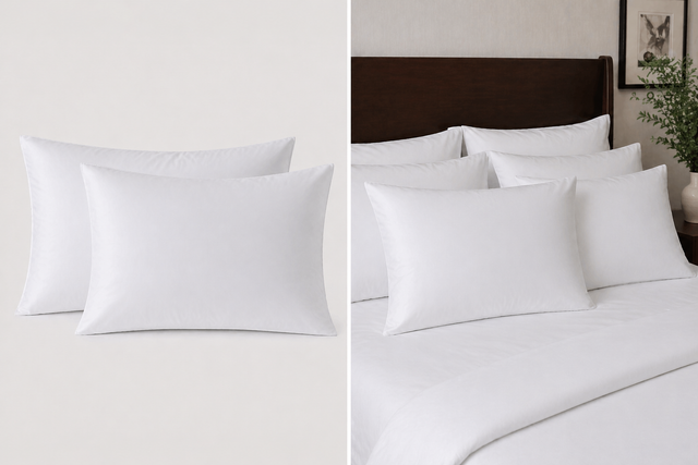 White soft cotton pillowcases on fluffy pillows on a white bed and dark wood headboard bed.