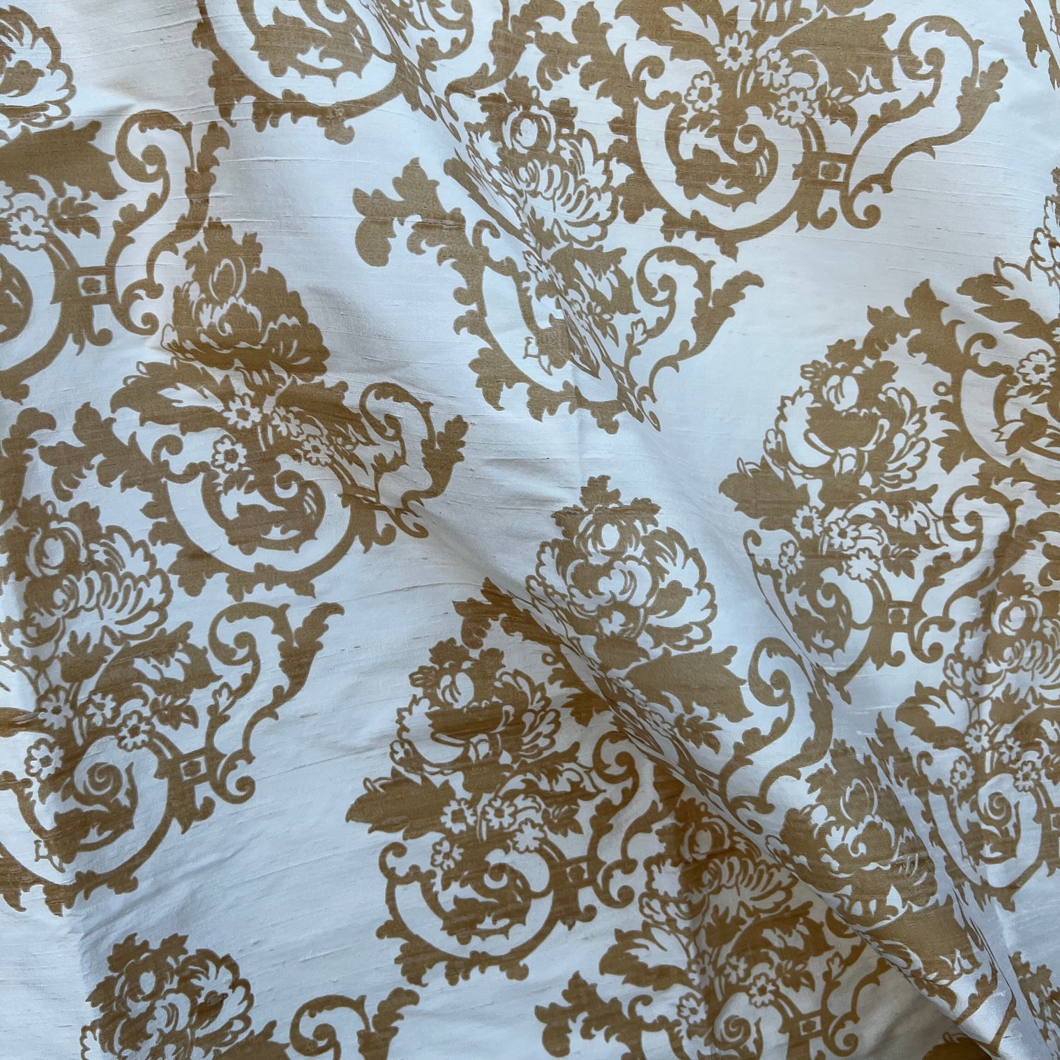 Taupe Baroque Floral on Off-White Silk Dupioni