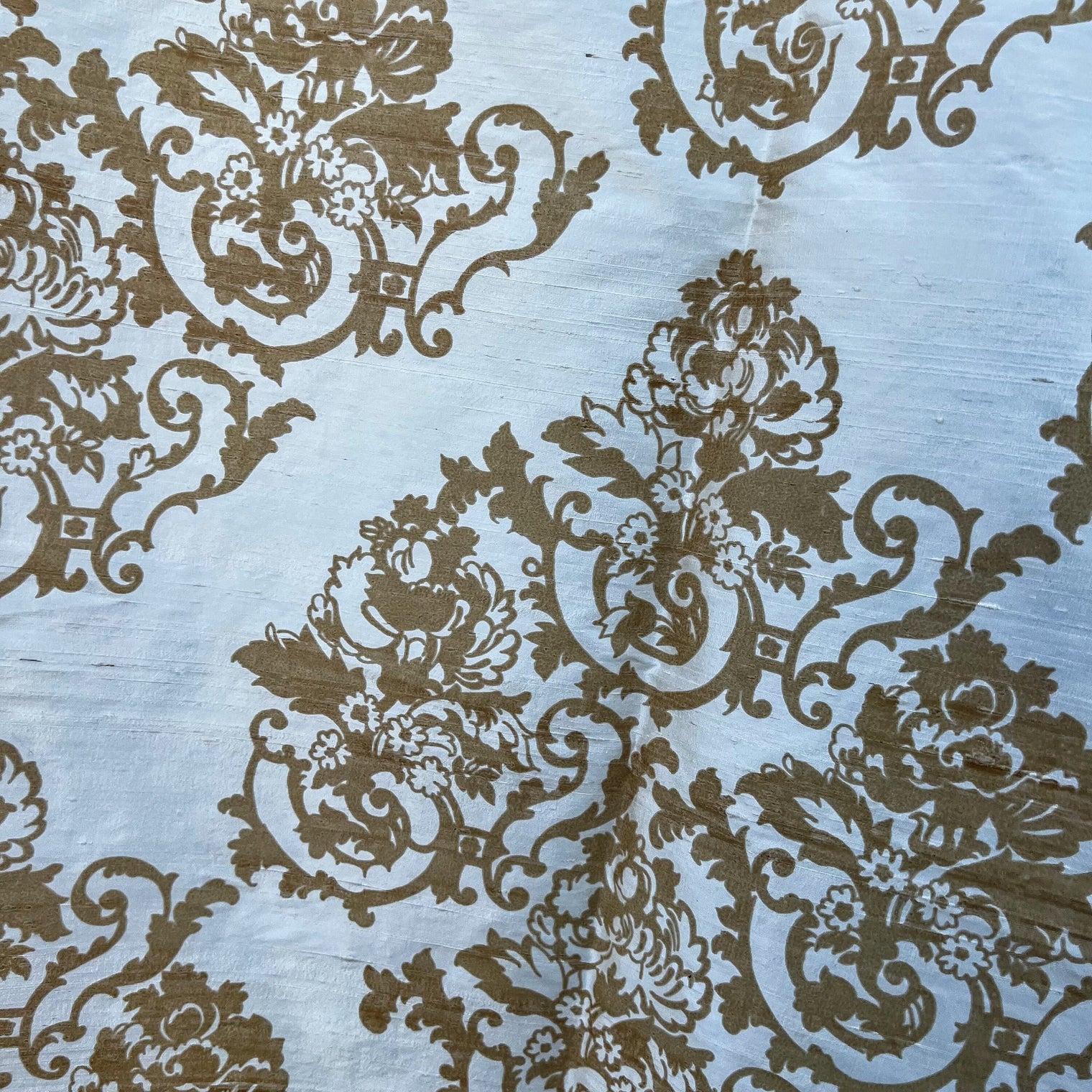Taupe Baroque Floral on Off-White Silk Dupioni