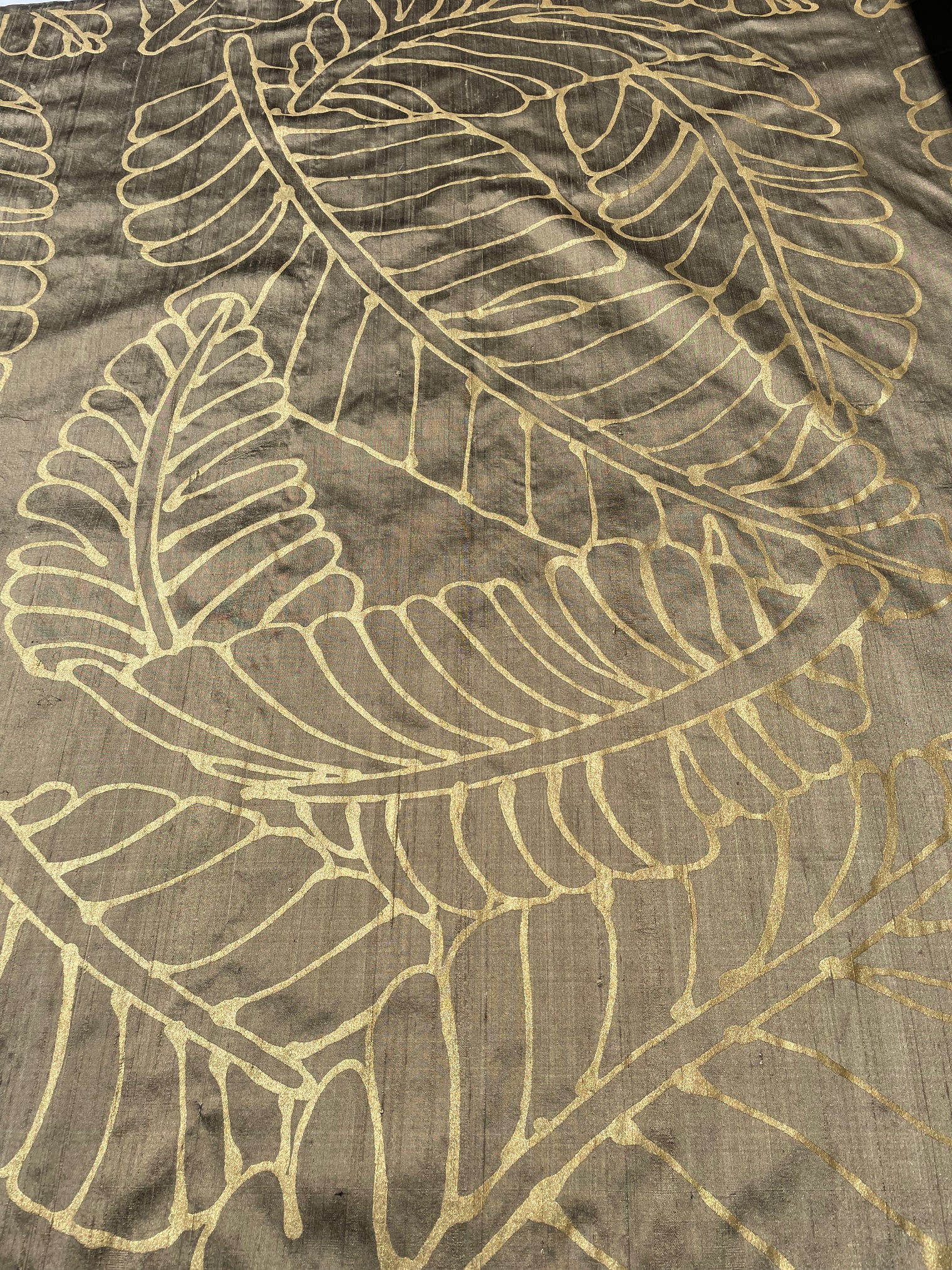 Large Gold Plantains on Bronze Silk Dupioni