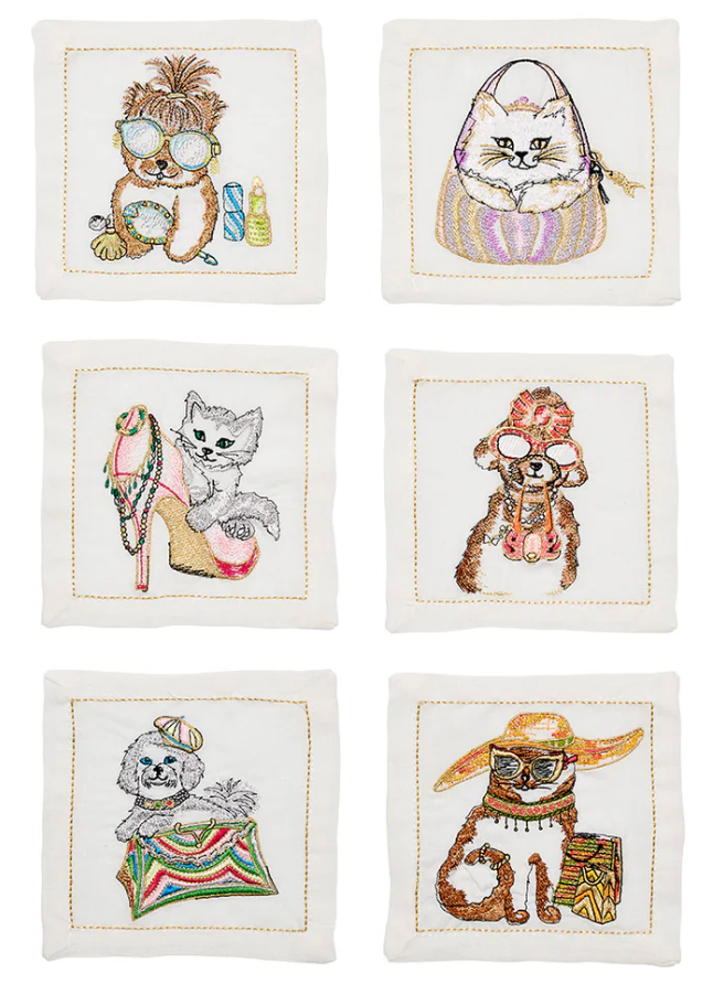 Pre-Order Kim Seybert Diva Pets Cocktail Napkins in White & Multi, Set of 6 in a Gift Box