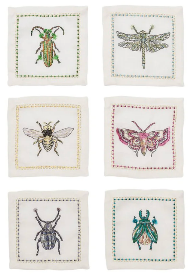 Kim Seybert Garden Party Cocktail Napkins in White & Multi, Set of 6 in a Gift Box