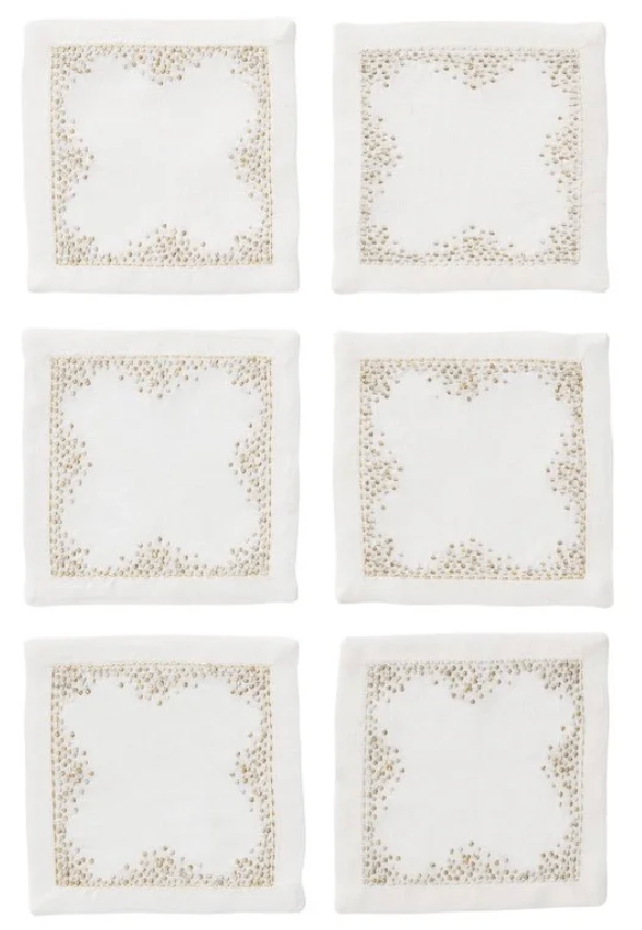 Kim Seybert Pin Dot Cocktail Napkins in White, Gold & Silver, Set of 6 in a Gift Box