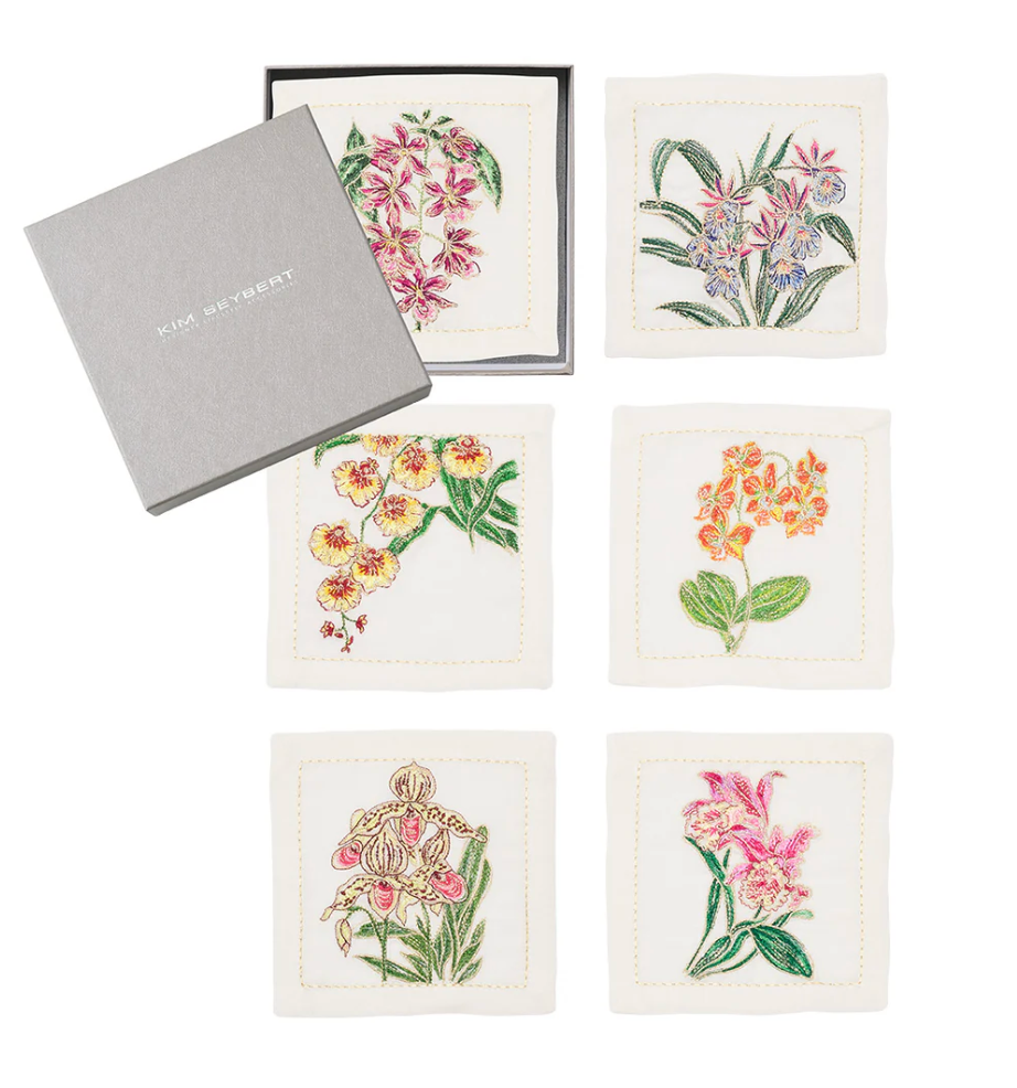 Kim Seybert Orchid Cocktail Napkin in White & Multi, Set of 6 in a Gift Box