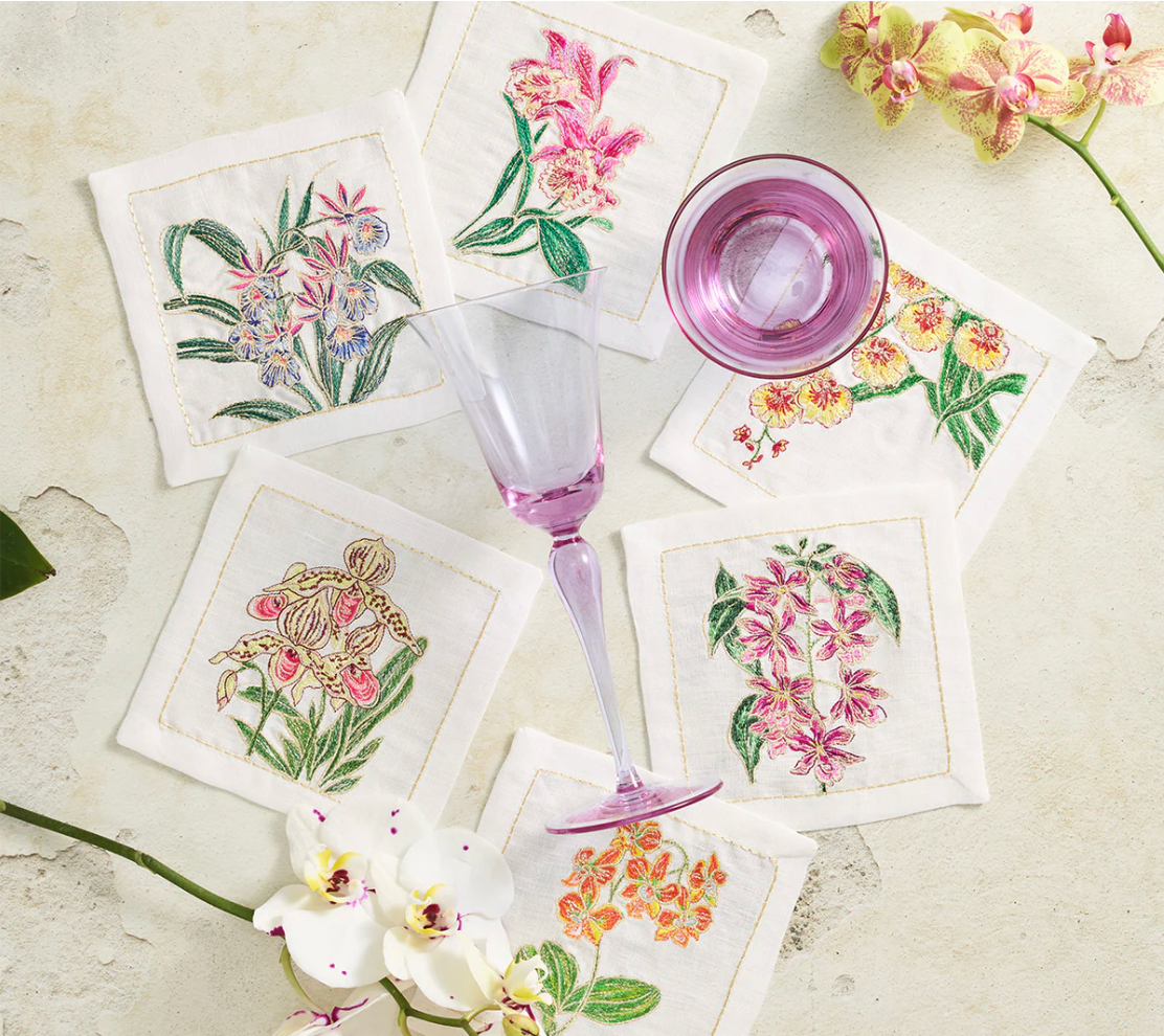Kim Seybert Orchid Cocktail Napkin in White & Multi, Set of 6 in a Gift Box