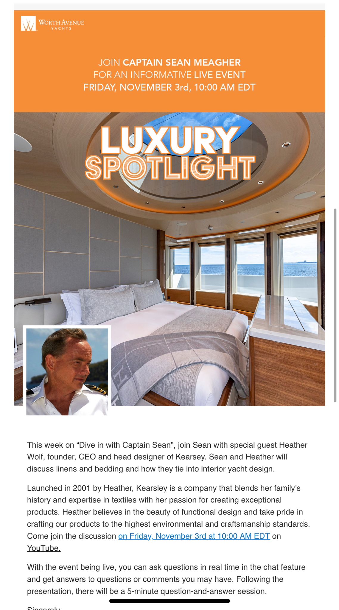 A photo of Captain Sean Meagher with a Super yacht Stateroom in the background with a view of the water