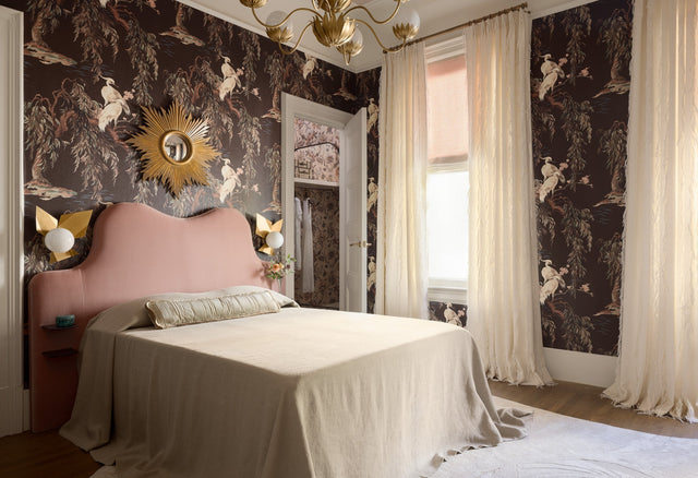 Image by Tim D. Photography, Interior by Sonoma Interiors of gorgeous SF Showcase  2026 room Bird's of a Feather featuring Kearsley's Carneros Air-Tumbled Linen Flax Bed Cover with beautiful wallpaper, headboard and draperies.  