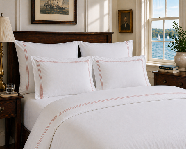 Kearsley White Narragansett LInens with Lobster colored Triple stitch detail in a early 19th century white room overlooking hte bay