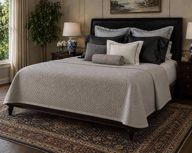 Image of Kearsley bedding in Marsh & Clark Interior.  Air-Tumbled Carneros Heavy Linen   Pillow Shams and Kearsley Montecito Sateen in Isle of Man with Stella Embroidery in Perfect Grey in a beutifully painted room and fun ustom throw pillows