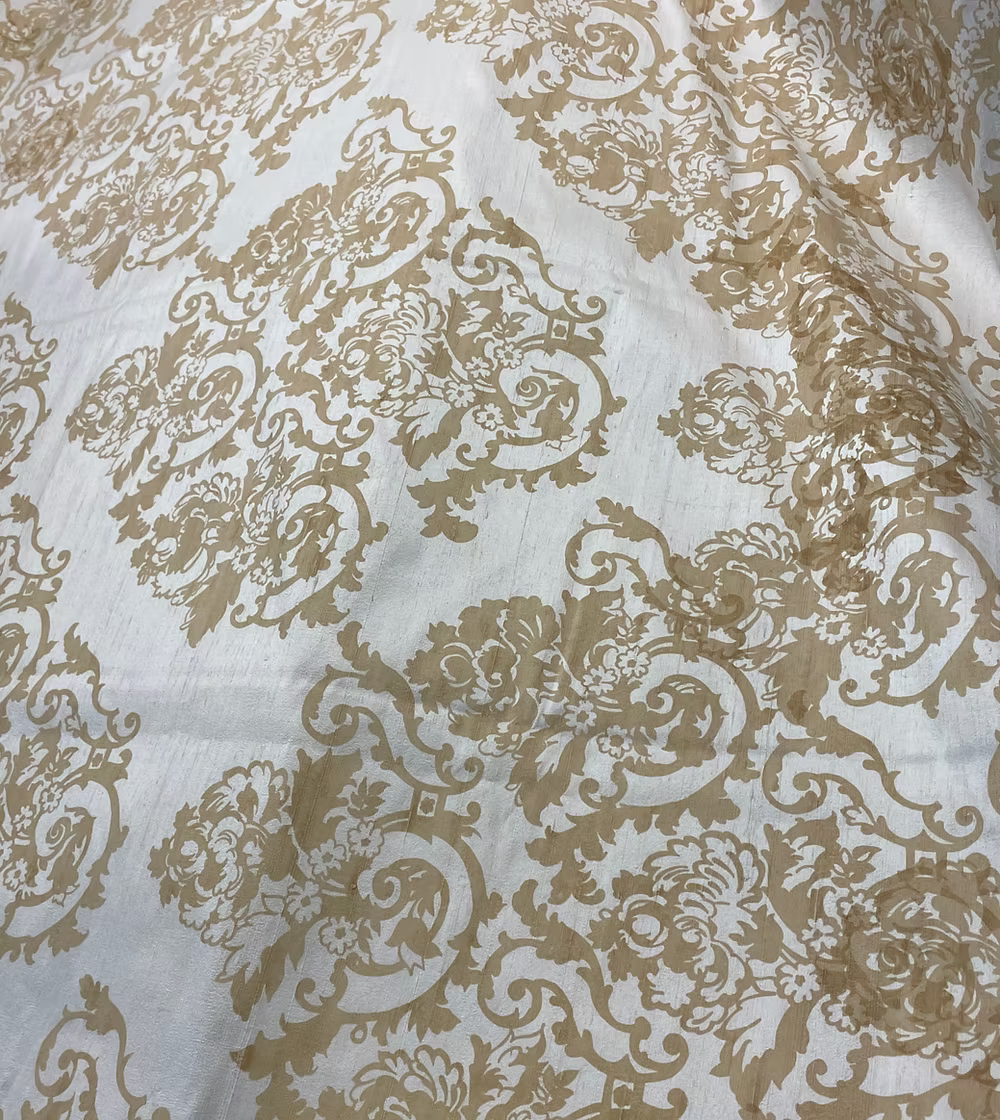Taupe Baroque Floral on Cream Silk Dupioni