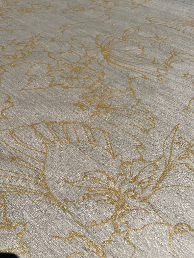 Gold Lotus Pods on backed peppered Cream Tussah Silk