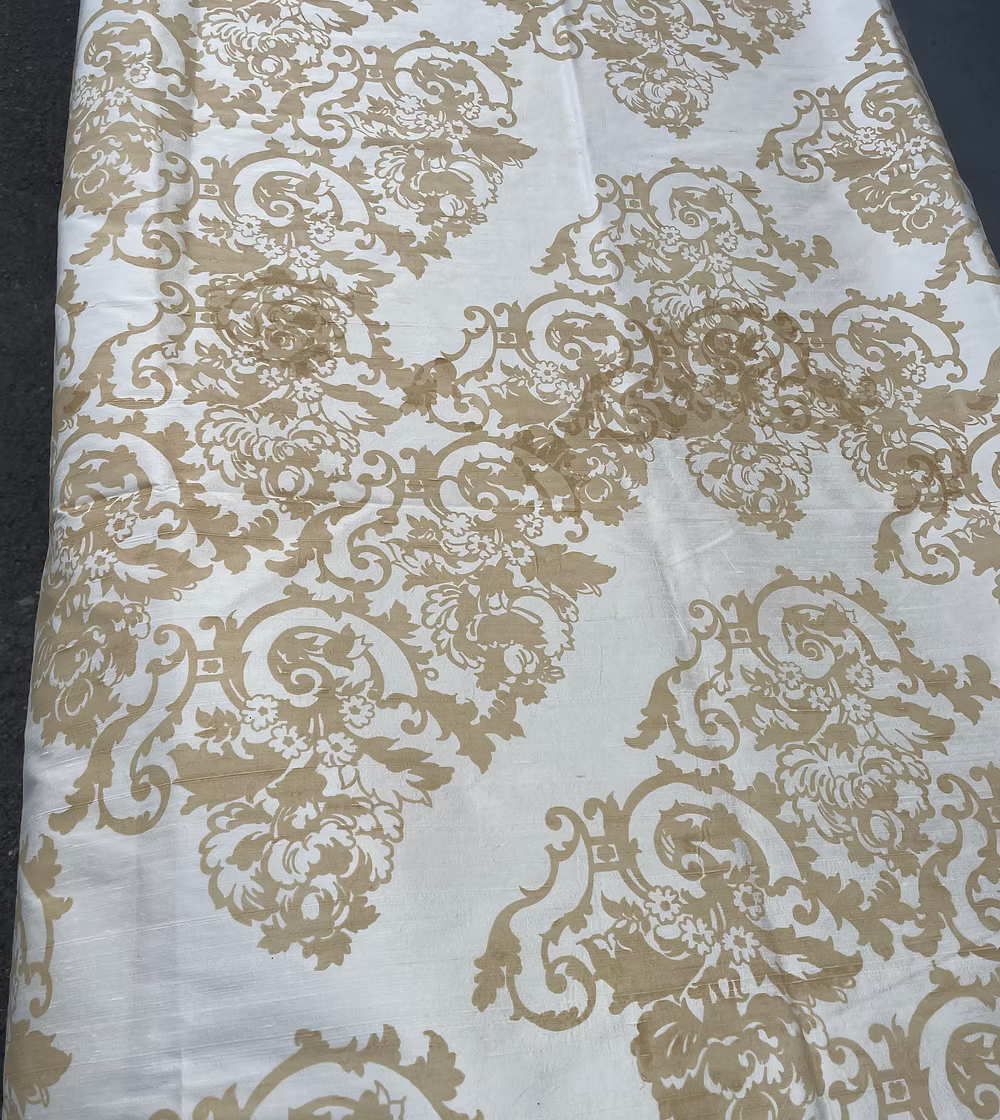 Taupe Baroque Floral on Cream Silk Dupioni
