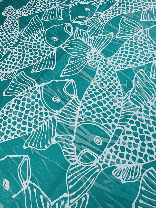 White Pescé on Teal Marbleized Linen