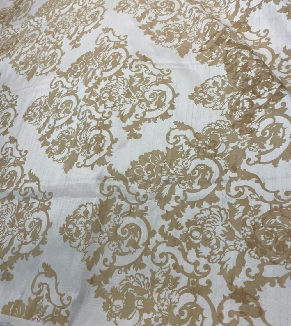 Taupe Baroque Floral on Cream Silk Dupioni