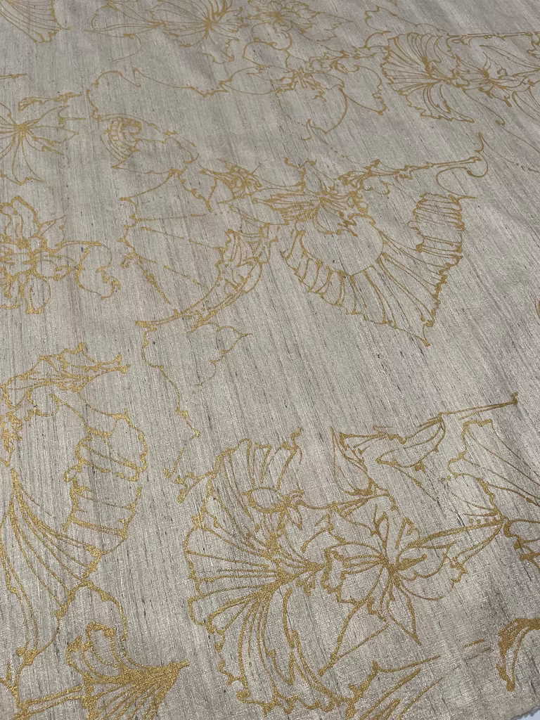 Gold Lotus Pods on backed peppered Cream Tussah Silk