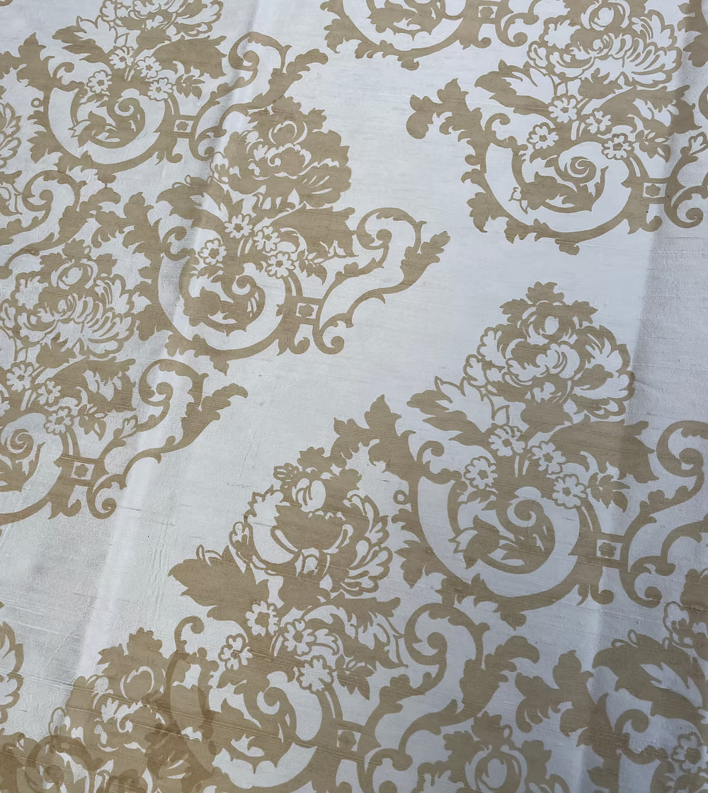 Taupe Baroque Floral on Cream Silk Dupioni