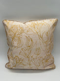 Decorative Pillow covered in Barbara Beckmann Designs Gold Tuip Batik on pale pink Dupioni silk pillow with small piping square.  Filled with soft down and feather fill.