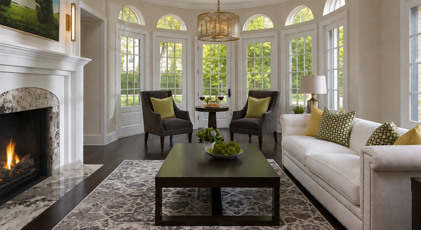 Luxury living room showcasing the design expertise of Kearsley Home's interior design and custom home building team.