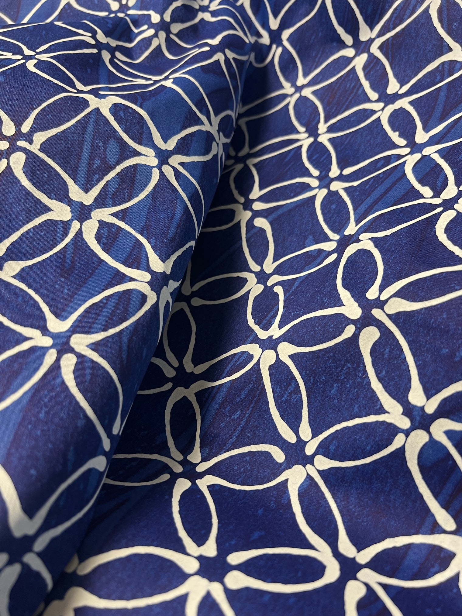 Barbara Beckmann Designs Batik Matisse on hand-marblized Navy Cotton Table Cloth