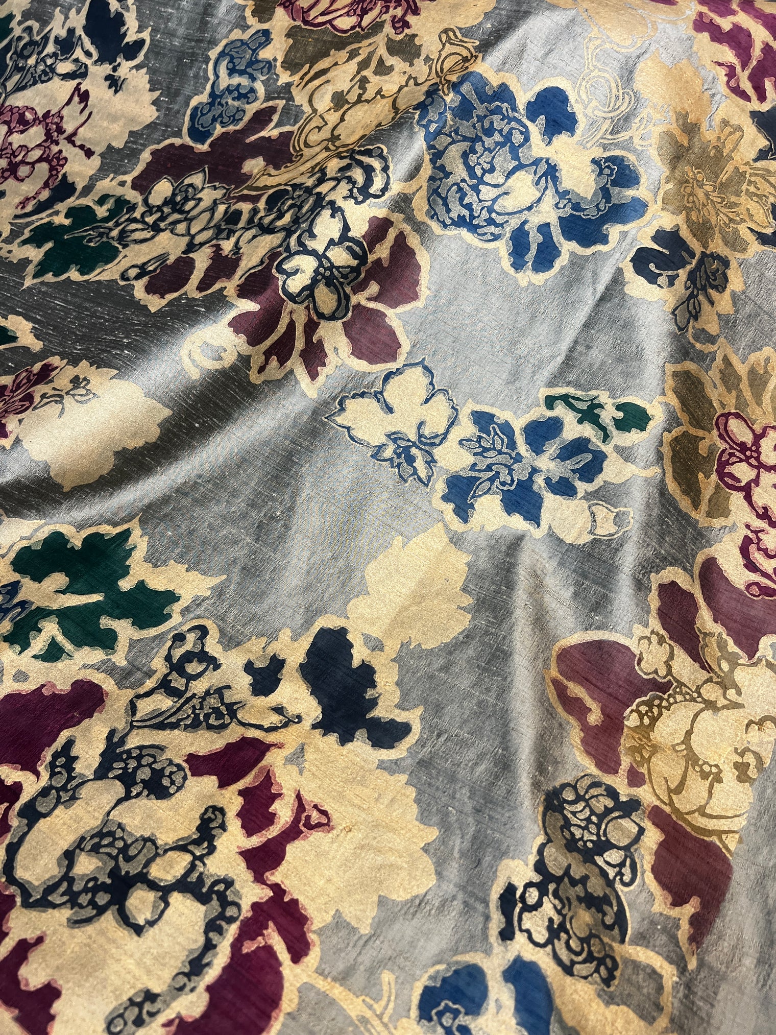 Barbara Beckmann Designs Baroque Floral Hand-painted on Olive Gold Silk Dupioni