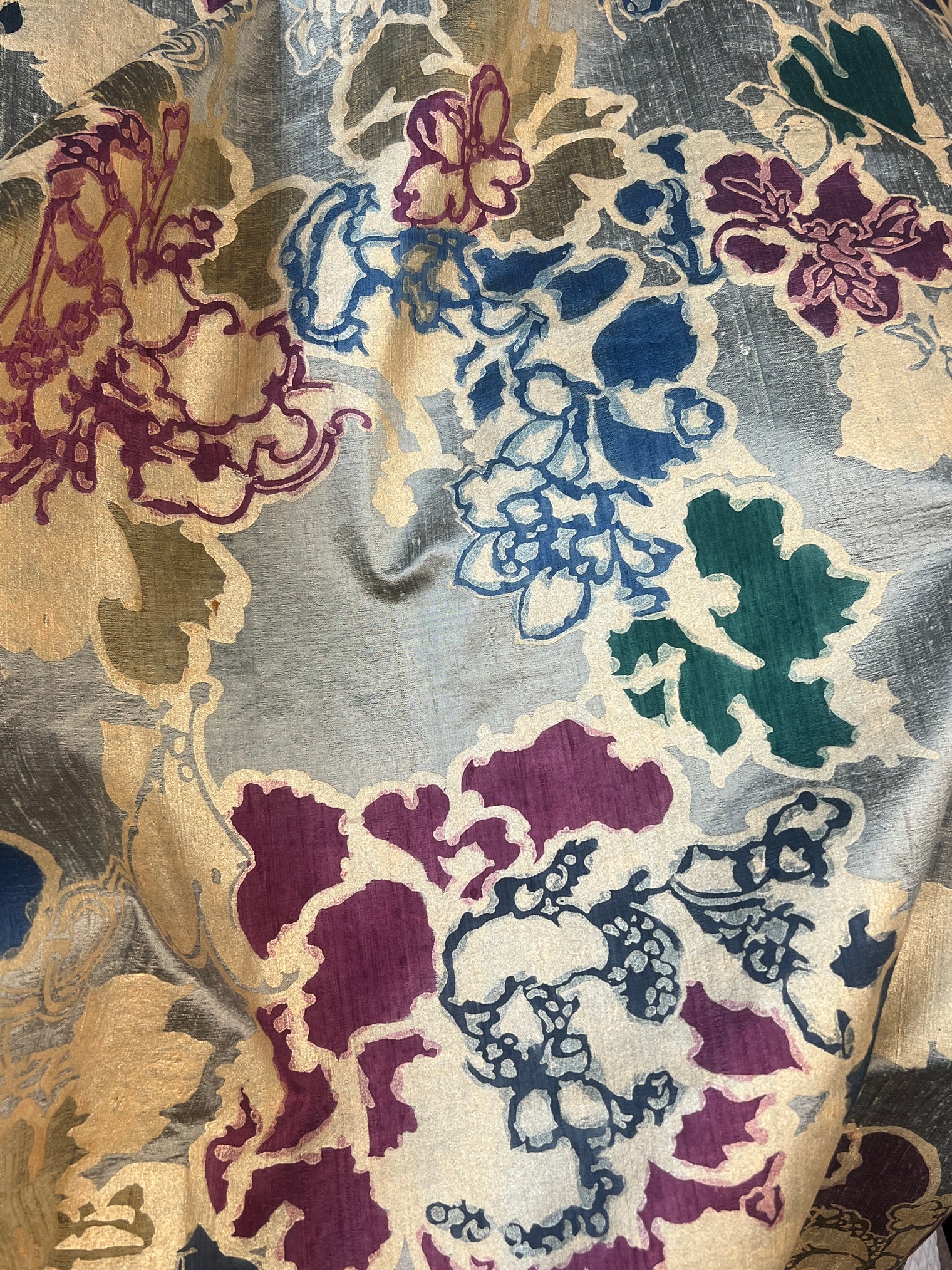 Barbara Beckmann Designs Baroque Floral Hand-painted on Olive Gold Silk Dupioni