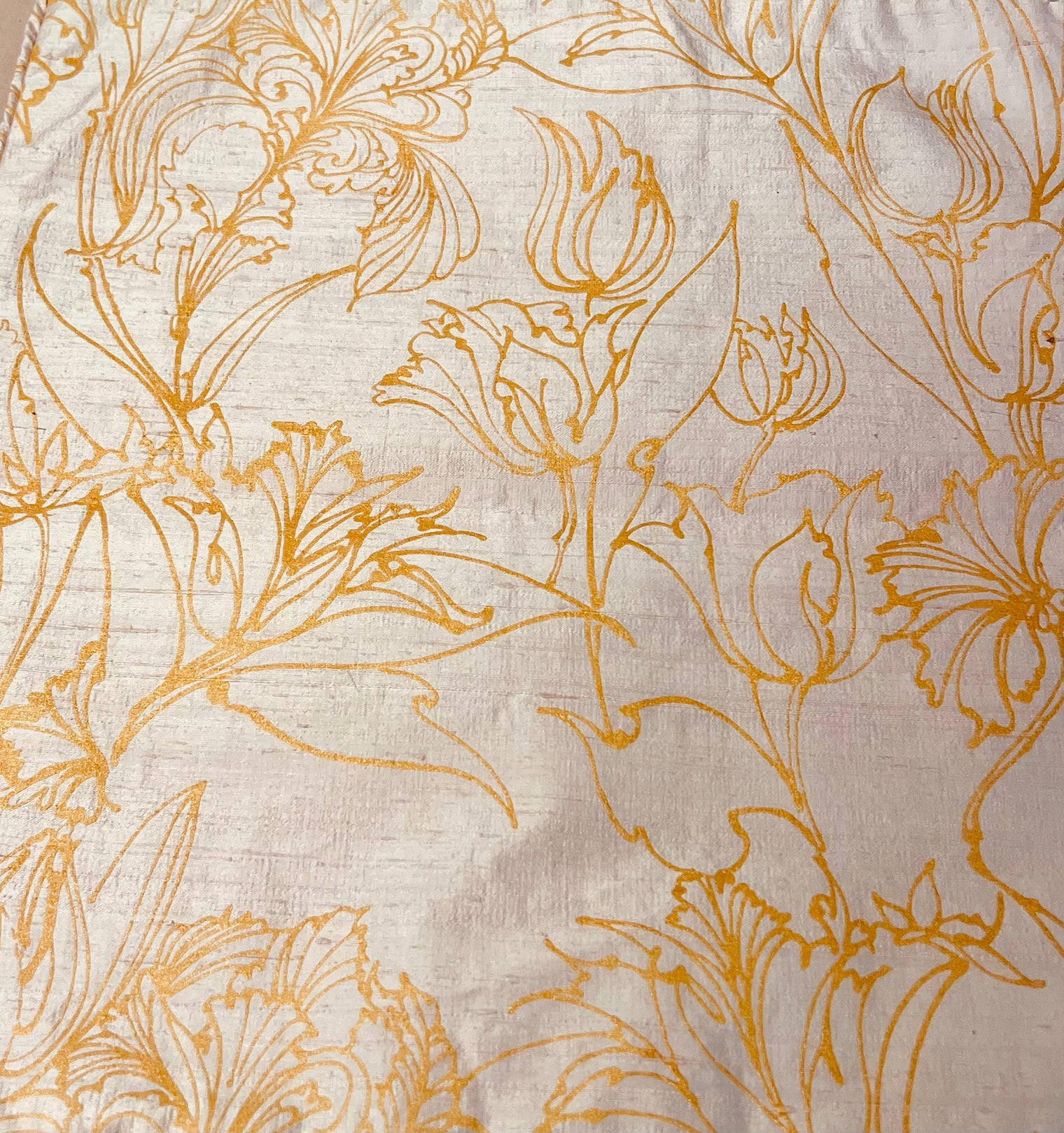 Batik Gold Tulips on Blush Pink Silk Throw Pillow-One of a kind (Barbara Beckmann Designs)