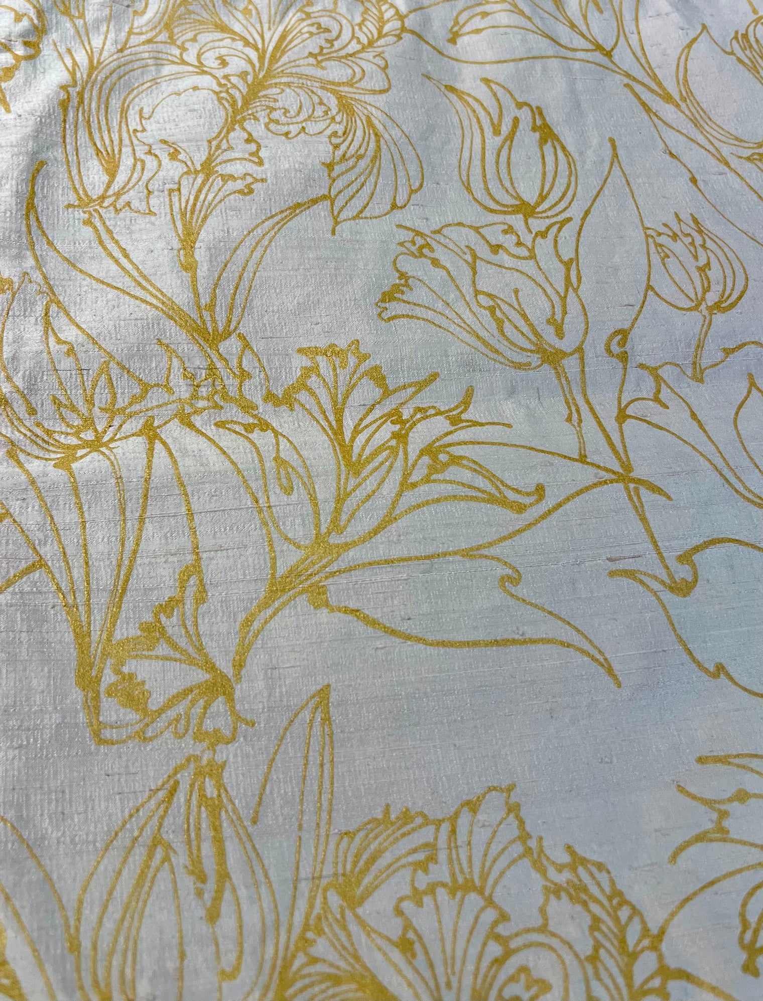 Batik Gold Tulips on Blush Pink Silk Throw Pillow-One of a kind (Barbara Beckmann Designs)