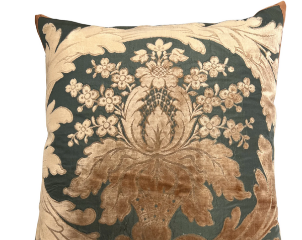 Kearsley 1880 Parisian Silk Forrest Green Cream and Congac pillow.  Made fro 1880 Original drapery panels foudn by Kearlsey in the home they were made for.  