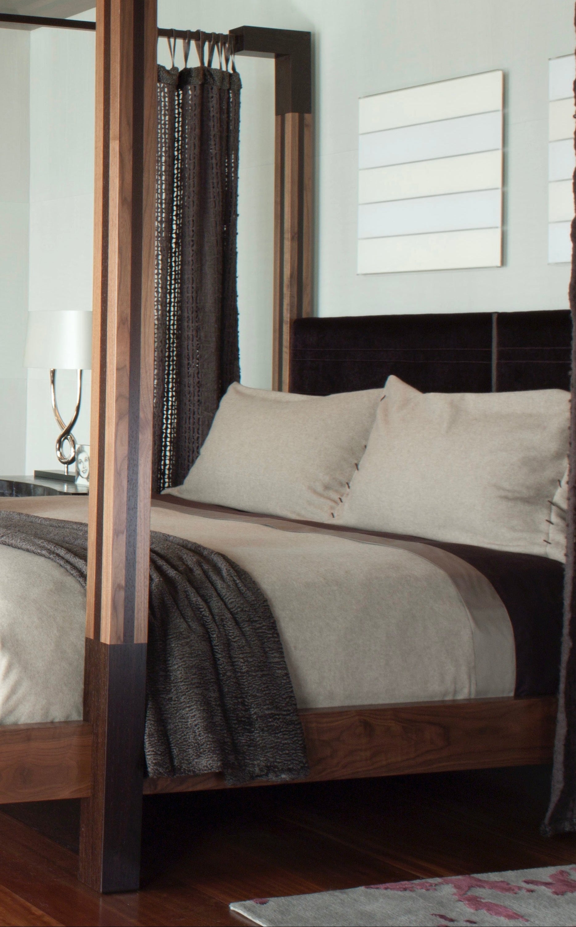 Applegate Tran Interior with Kerasley Cappuccino St. Anton Cashmere Coverlet and Shams with dark brown y
arn detail and Kearsley Sheets.  Couture.