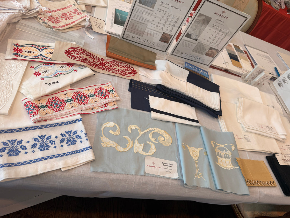 Kearsley offers a wide range of embroidery options, from signature collection designs to fully couture customization, along with down pillows, duvets, and mattress toppers to create a complete, beautifully layered bed.