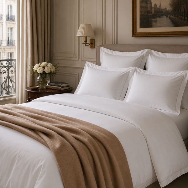 Luxurious white linens in a beautiful Parian  residence.  Kearsley Deluxe Botom Fittee Sheet and Seraphina Duvet Cover and Shams with a Camel Colored Kearsley St Aonton Blanket spread at the foot of the bed.