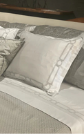 Barbara Beckmann silk tulips on Kearsley cashmere king shams,  Kearsley Montecito extra long staple luxuious Italian linens with Kearsley moulding embrodiery in taupe and Cantoni Dallas.