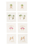 Set of eight white Kim Seybert Mingle cocktail napkins with colorful hand-embroidered celebratory phrases.