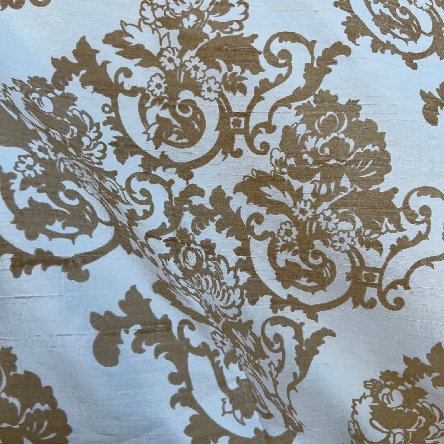 Taupe Baroque Floral on Off-White Silk Dupioni